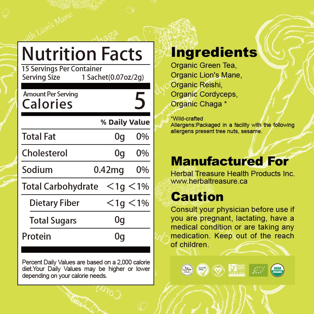 Organic Herbal Treasure Mushroom Green Tea with Lions Mane, Reishi, Cordyceps, Chaga - 15 Bags