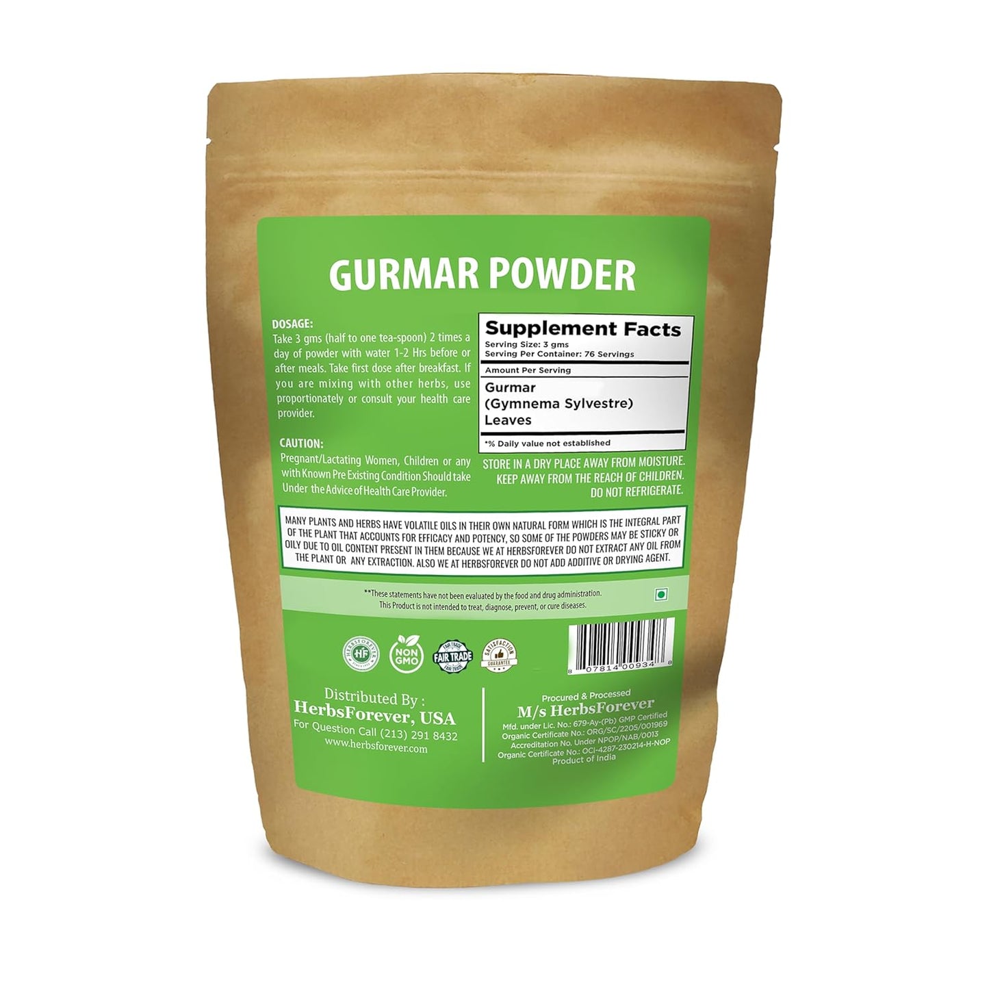 Organic Herbsforever Gymnema Sylvestre Powder 230g - Non-GMO, Vegan Support for Healthy Blood Sugar Levels