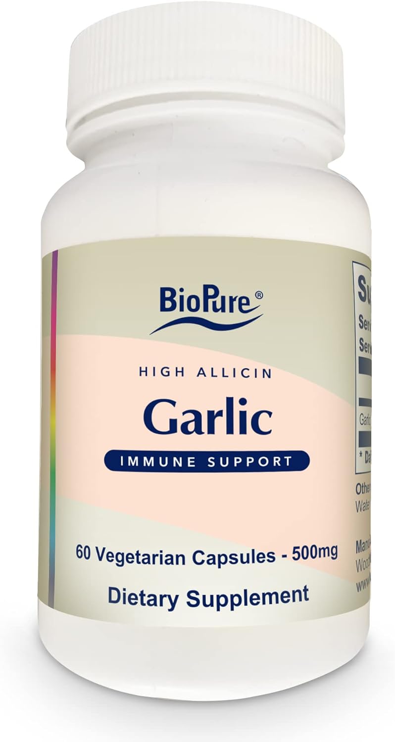 Organic High Allicin Garlic Supplement for Immune Support, Detox, Gut Health - 60 Capsules with Trace Minerals, Vitamins, Amino Acids, Enzymes - BioPure Formula for Overall Wellness