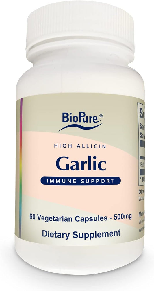 Organic High Allicin Garlic Supplement for Immune Support, Detox, Gut Health - 60 Capsules with Trace Minerals, Vitamins, Amino Acids, Enzymes - BioPure Formula for Overall Wellness