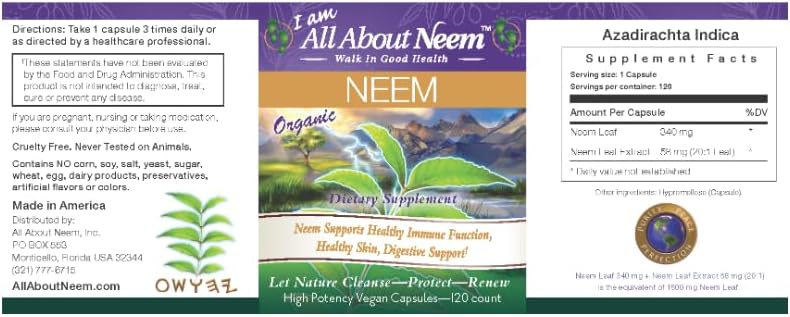 Organic High Potency Neem Leaf Capsules - 1,500mg with Neem Leaf Extract | Herbal Supplement - 120 Count | All About Neem, Inc.