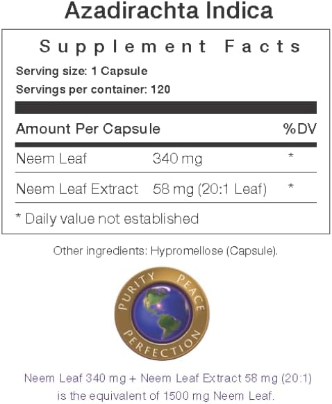 Organic High Potency Neem Leaf Capsules - 1,500mg with Neem Leaf Extract | Herbal Supplement - 120 Count | All About Neem, Inc.