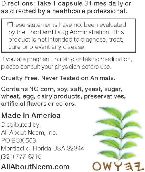 Organic High Potency Neem Leaf Capsules - 1,500mg with Neem Leaf Extract | Herbal Supplement - 120 Count | All About Neem, Inc.
