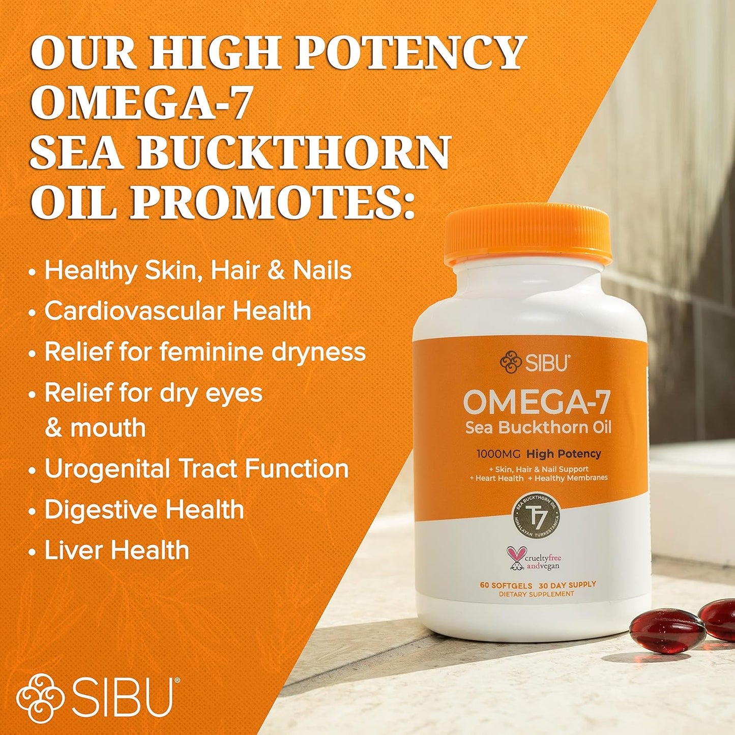 Organic Himalayan Sea Buckthorn Oil Softgels - 90 Day Supply for Healthy Skin, Hair, Nails - Omega-7 Supplement