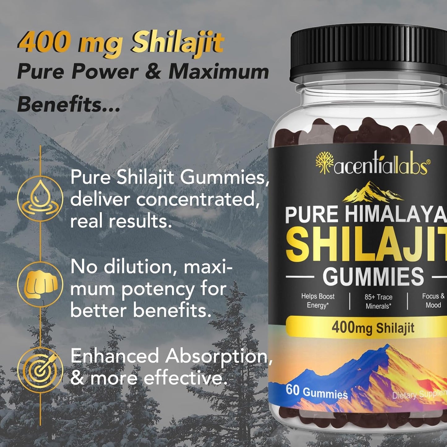 Organic Himalayan Shilajit Gummies - Rich in Micronutrients for Men & Women - Non-GMO, No Added Sugar - 60 Count