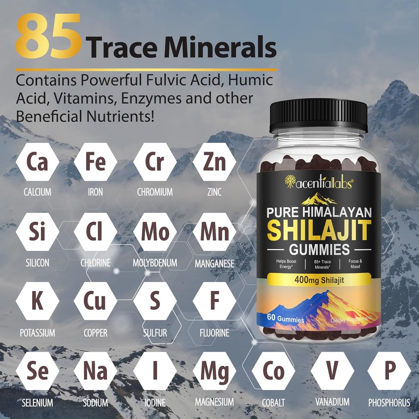 Organic Himalayan Shilajit Gummies - Rich in Micronutrients for Men & Women - Non-GMO, No Added Sugar - 60 Count