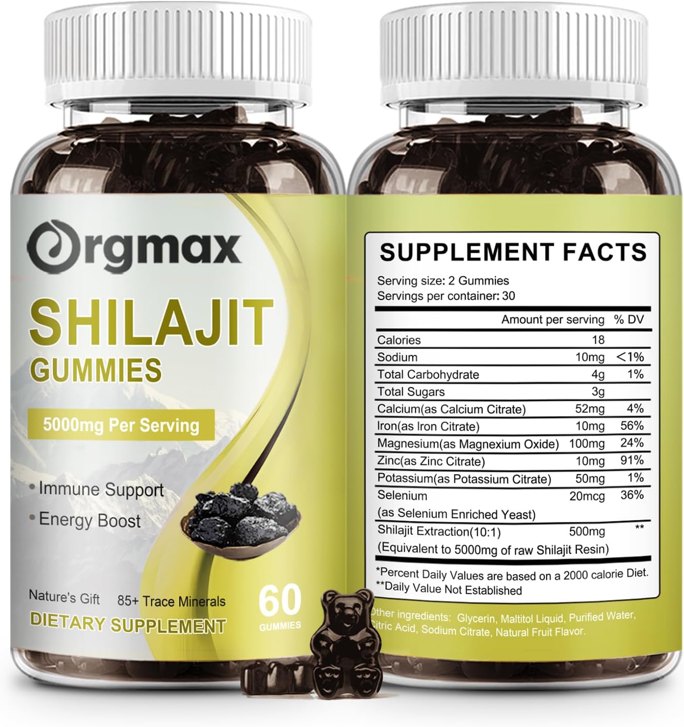 Organic Himalayan Shilajit Gummies 5000MG Supplement for Focus, Energy & Immune Support - 85+ Trace Minerals & Fulvic Acid - Men & Women - Non-GMO - 60 Count (2 Packs)
