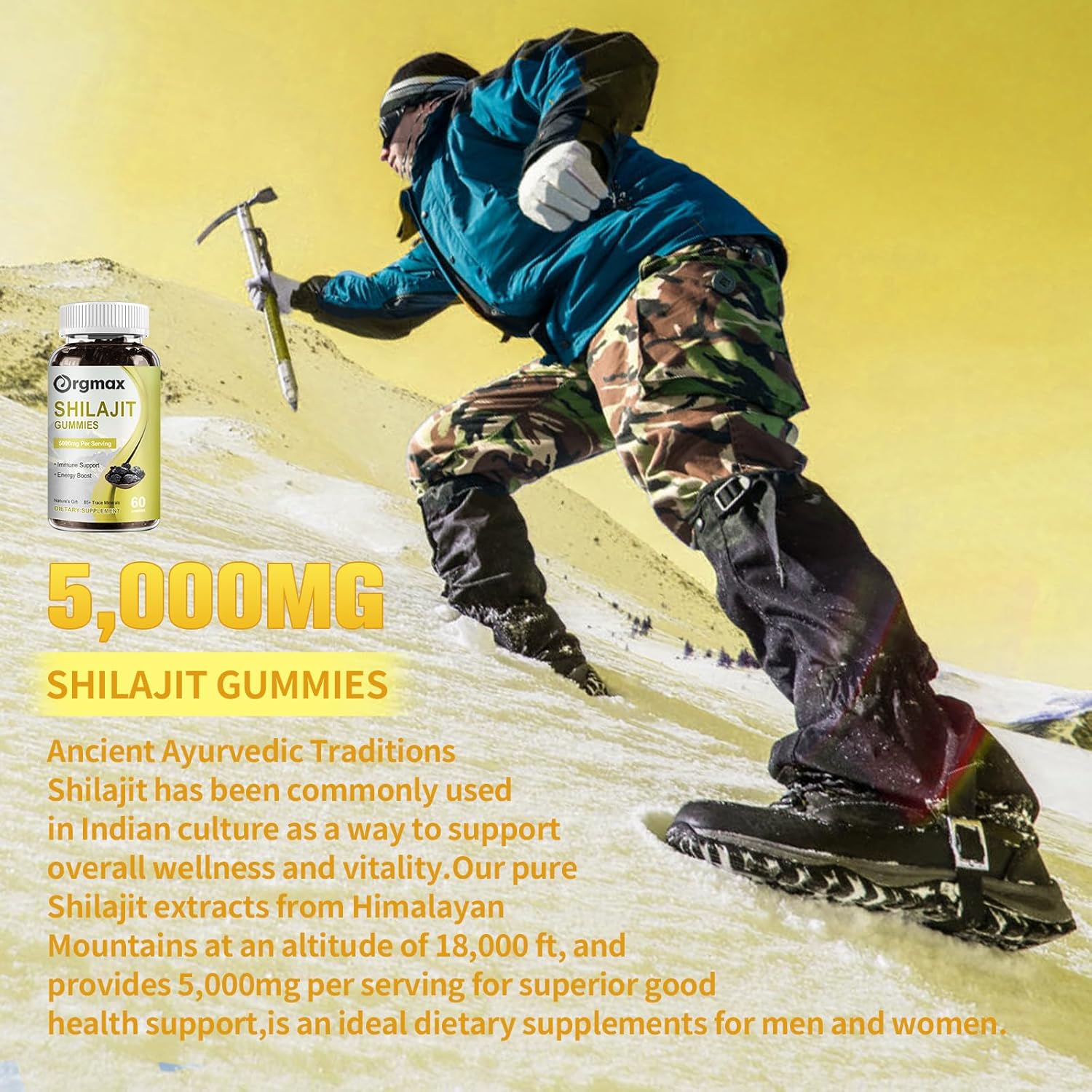 Organic Himalayan Shilajit Gummies 5000MG Supplement for Focus, Energy & Immune Support - 85+ Trace Minerals & Fulvic Acid - Men & Women - Non-GMO - 60 Count (2 Packs)