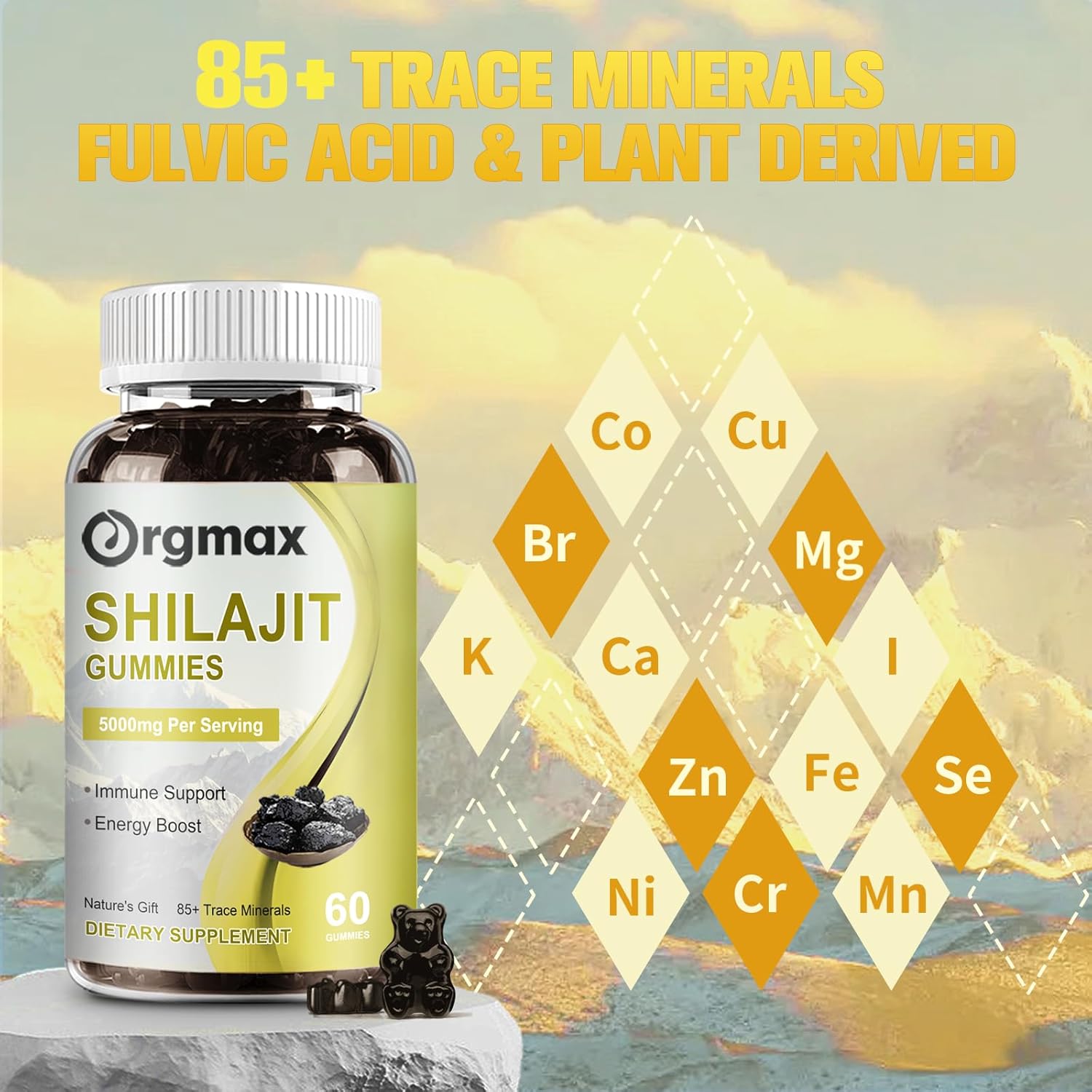Organic Himalayan Shilajit Gummies 5000MG Supplement for Focus, Energy & Immune Support - 85+ Trace Minerals & Fulvic Acid - Men & Women - Non-GMO - 60 Count (2 Packs)