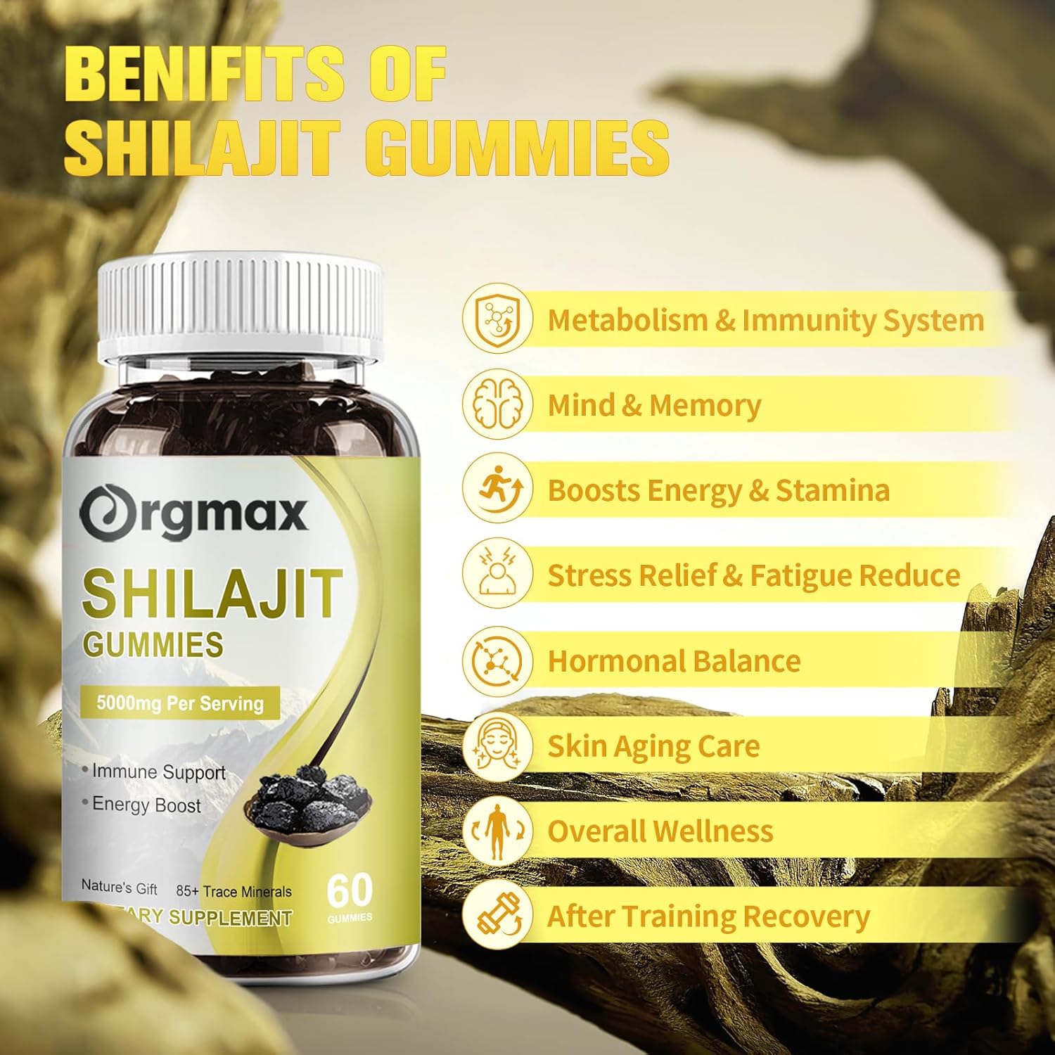 Organic Himalayan Shilajit Gummies 5000MG Supplement for Focus, Energy & Immune Support - 85+ Trace Minerals & Fulvic Acid - Men & Women - Non-GMO - 60 Count (2 Packs)