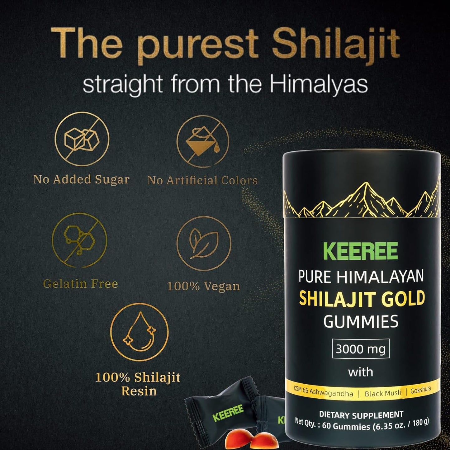 Organic Himalayan Shilajit Gummies with Ashwagandha & 85+ Trace Minerals - Non-GMO & Sugar-Free - 60 Gummies for Travel-Friendly Nutrition