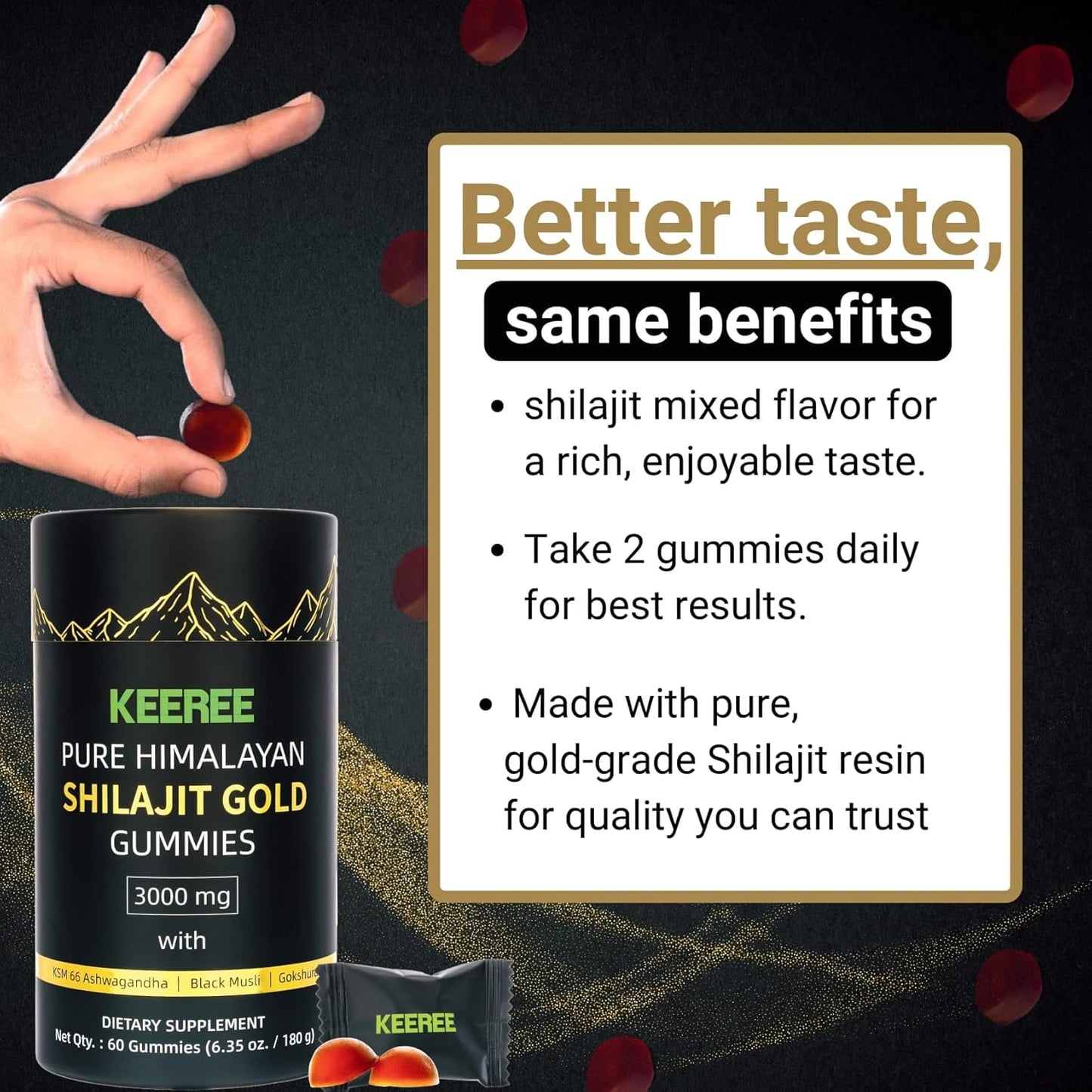 Organic Himalayan Shilajit Gummies with Ashwagandha & 85+ Trace Minerals - Non-GMO & Sugar-Free - 60 Gummies for Travel-Friendly Nutrition