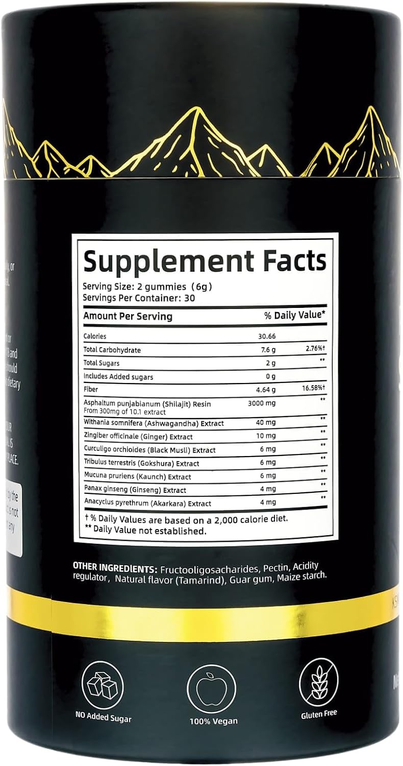 Organic Himalayan Shilajit Gummies with Ashwagandha & 85+ Trace Minerals - Non-GMO & Sugar-Free - 60 Gummies for Travel-Friendly Nutrition