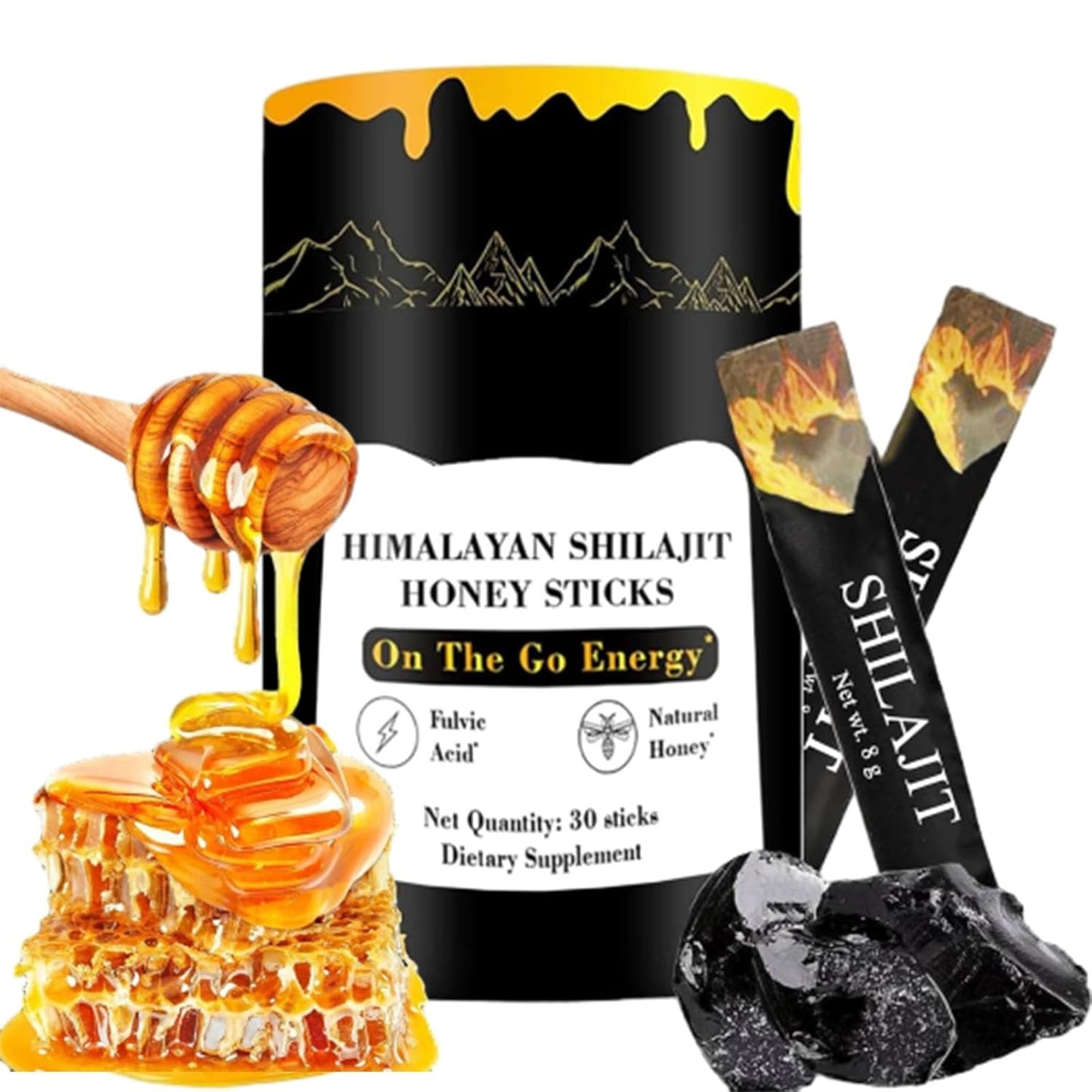 Organic Himalayan Shilajit Honey Sticks with Saffron for Energy & Cognitive Support, 30 Sticks for Men & Women