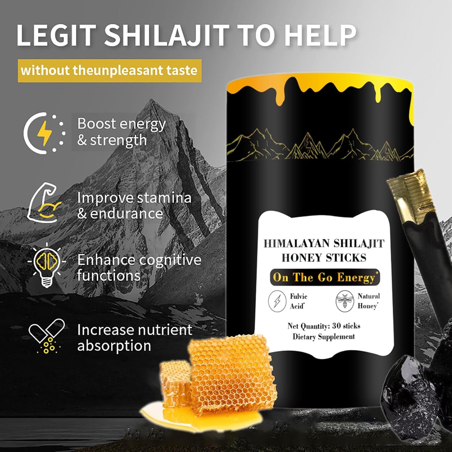 Organic Himalayan Shilajit Honey Sticks with Saffron - Energy Boost and Immune Support for Men & Women