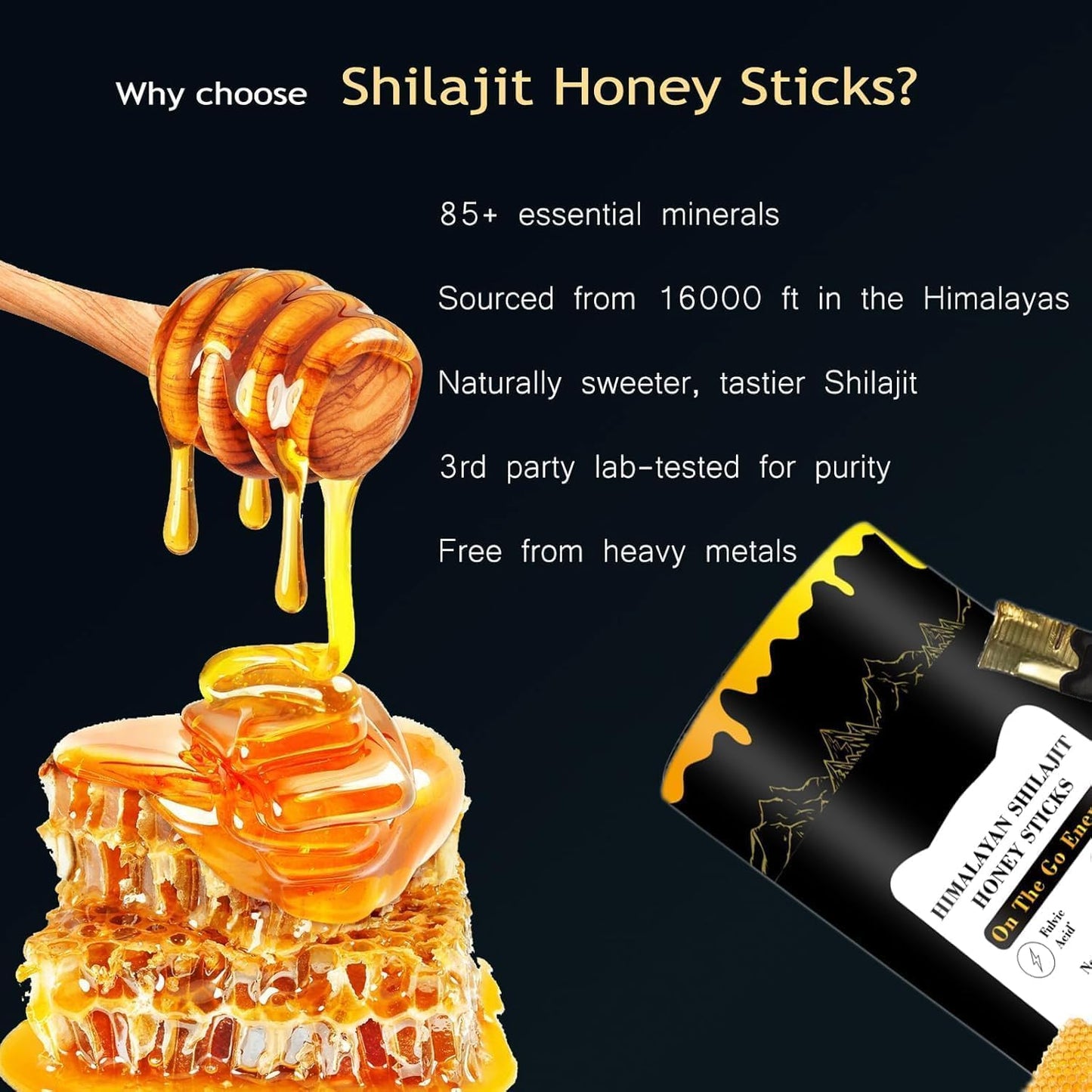 Organic Himalayan Shilajit Honey Sticks with Saffron for Energy & Cognitive Support, 30 Sticks for Men & Women