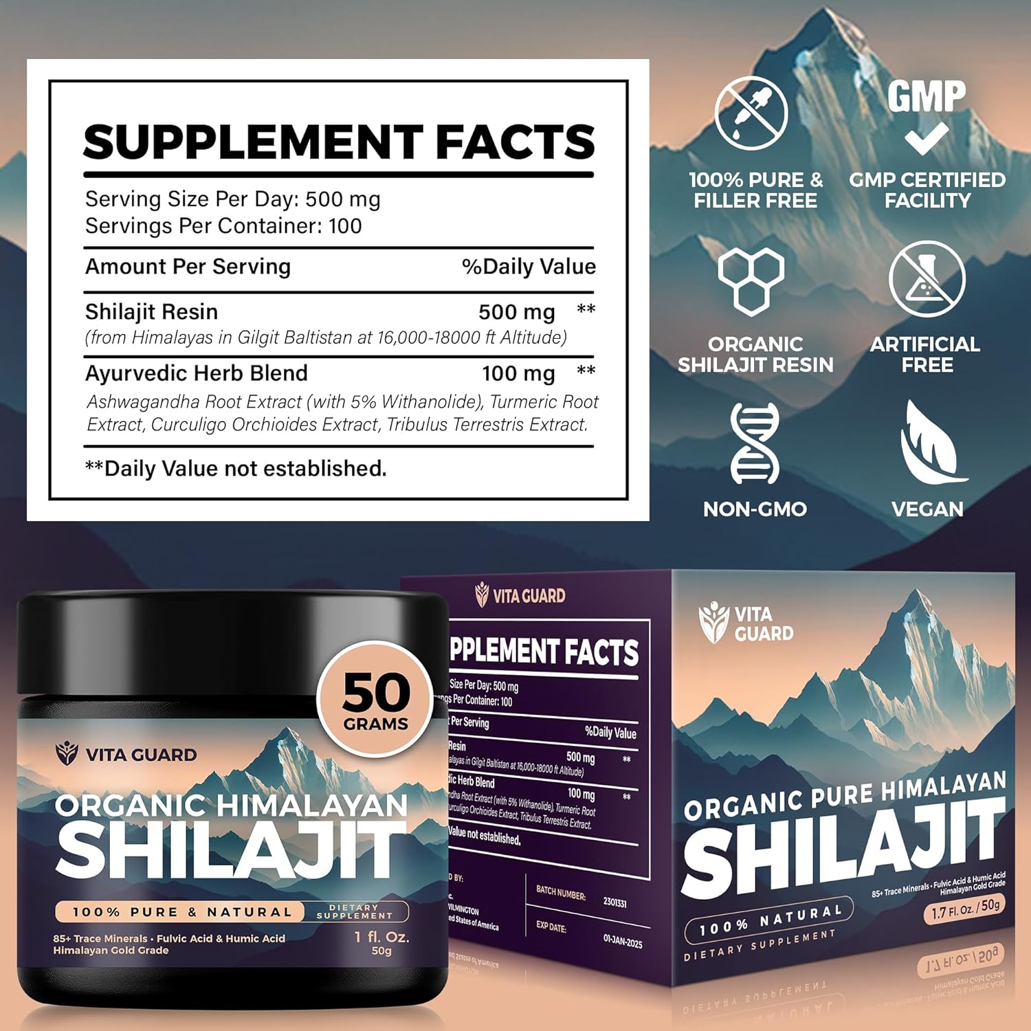 Organic Himalayan Shilajit Resin Supplement - 500mg Pure Shilajit with 85+ Humic Acid for Metabolism & Immune Support - 100 Servings, 50g