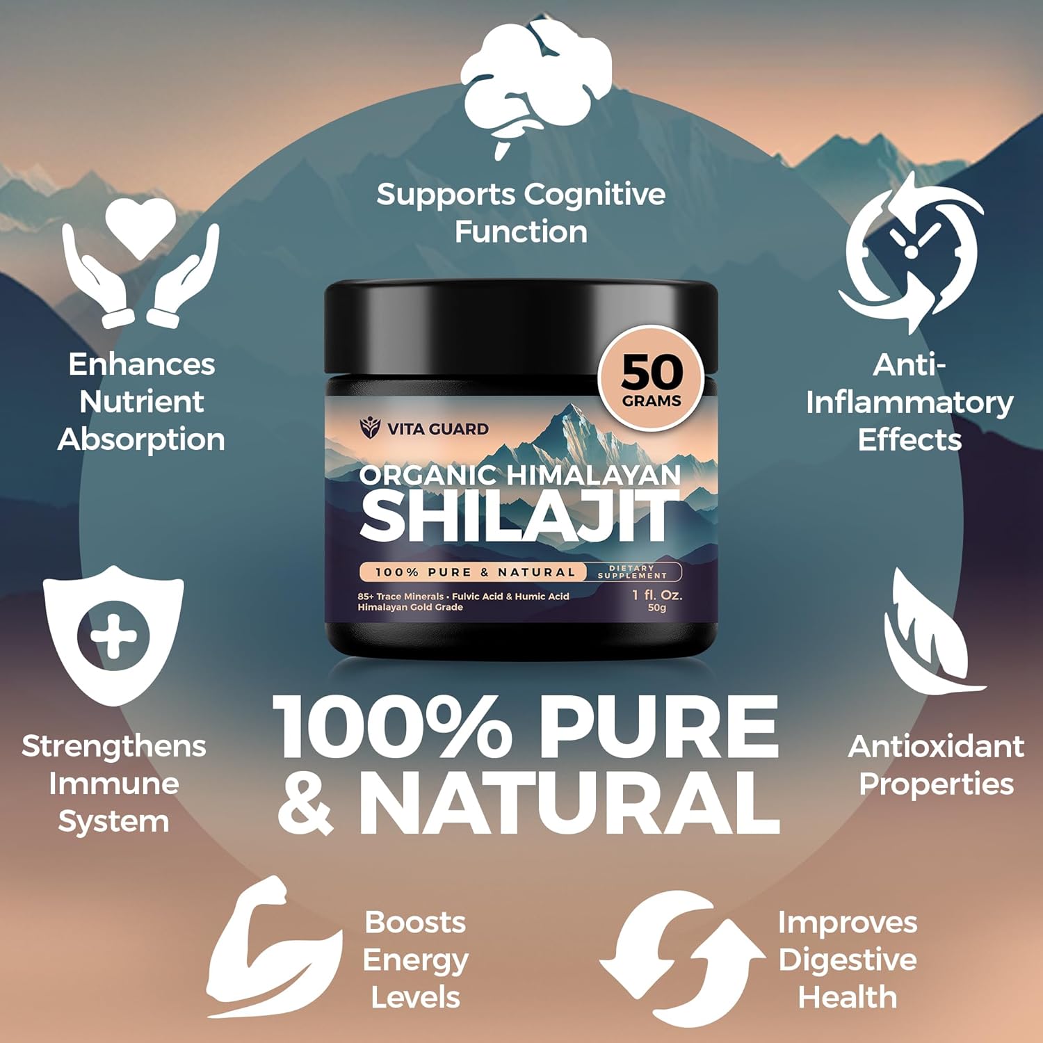 Organic Himalayan Shilajit Resin Supplement - 500mg Pure Shilajit with 85+ Humic Acid for Metabolism & Immune Support - 100 Servings, 50g
