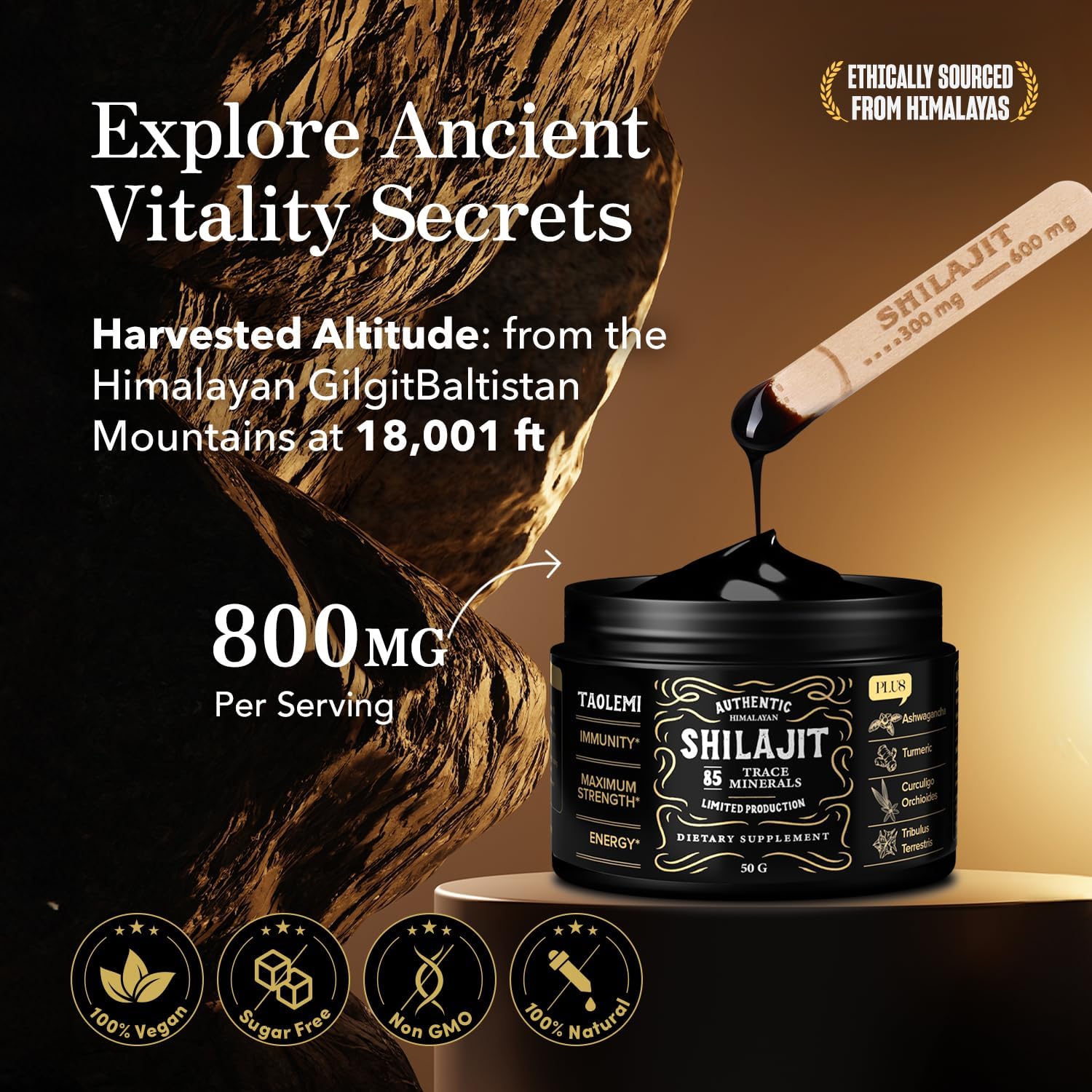 Organic Himalayan Shilajit Resin with 85+ Trace Minerals for Energy & Immune Support - Gold Grade 800MG, 60+ Servings