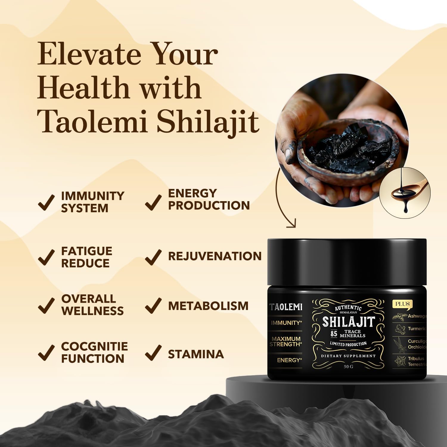 Organic Himalayan Shilajit Resin with 85+ Trace Minerals for Energy & Immune Support - Gold Grade 800MG, 60+ Servings