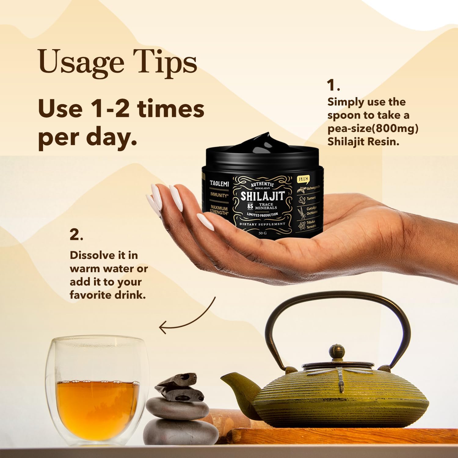 Organic Himalayan Shilajit Resin with 85+ Trace Minerals for Energy & Immune Support - Gold Grade 800MG, 60+ Servings