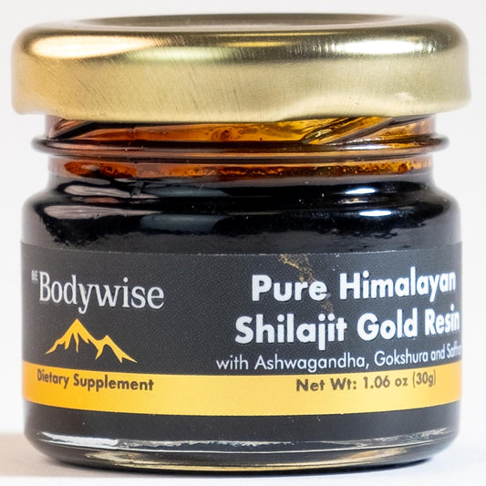 Organic Himalayan Shilajit Resin with Ashwagandha, Gokshura, and Saffron - Lab Tested Fulvic Acid & Trace Minerals - 30gm - Zero Sugar - Men & Women - Bodywise Pure Gold.