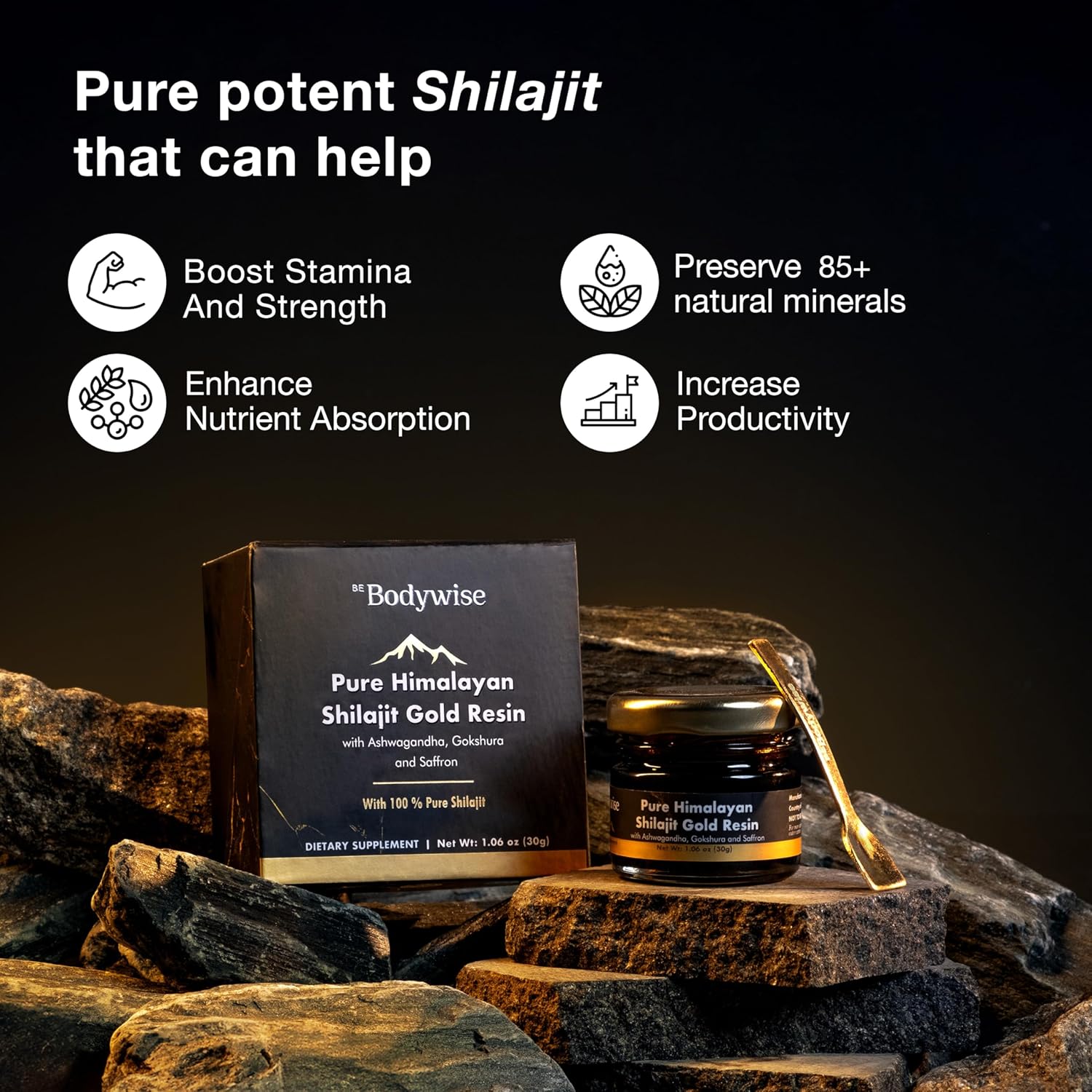 Organic Himalayan Shilajit Resin with Ashwagandha, Gokshura, and Saffron - Lab Tested Fulvic Acid & Trace Minerals - 30gm - Zero Sugar - Men & Women - Bodywise Pure Gold.