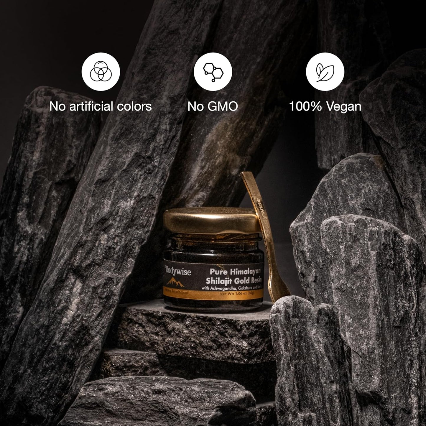 Organic Himalayan Shilajit Resin with Ashwagandha, Gokshura, and Saffron - Lab Tested Fulvic Acid & Trace Minerals - 30gm - Zero Sugar - Men & Women - Bodywise Pure Gold.