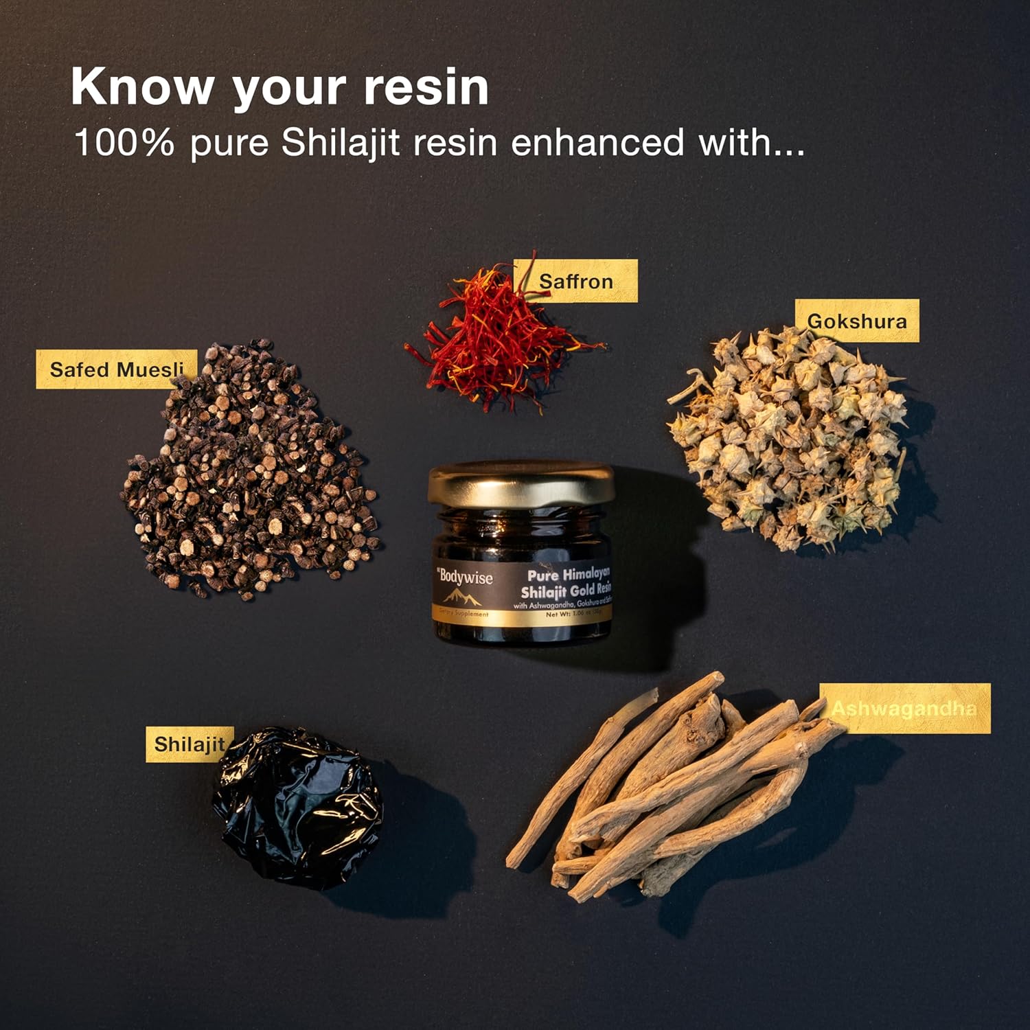 Organic Himalayan Shilajit Resin with Ashwagandha, Gokshura, and Saffron - Lab Tested Fulvic Acid & Trace Minerals - 30gm - Zero Sugar - Men & Women - Bodywise Pure Gold.