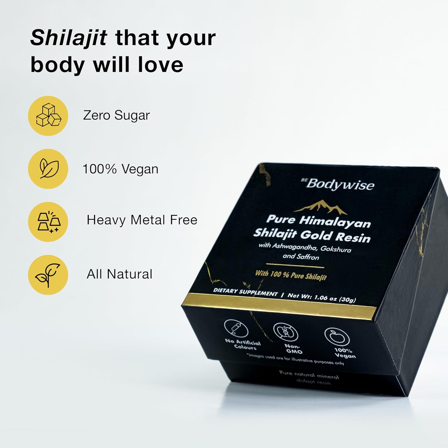 Organic Himalayan Shilajit Resin with Ashwagandha, Gokshura, and Saffron - Lab Tested Fulvic Acid & Trace Minerals - 30gm - Zero Sugar - Men & Women - Bodywise Pure Gold.