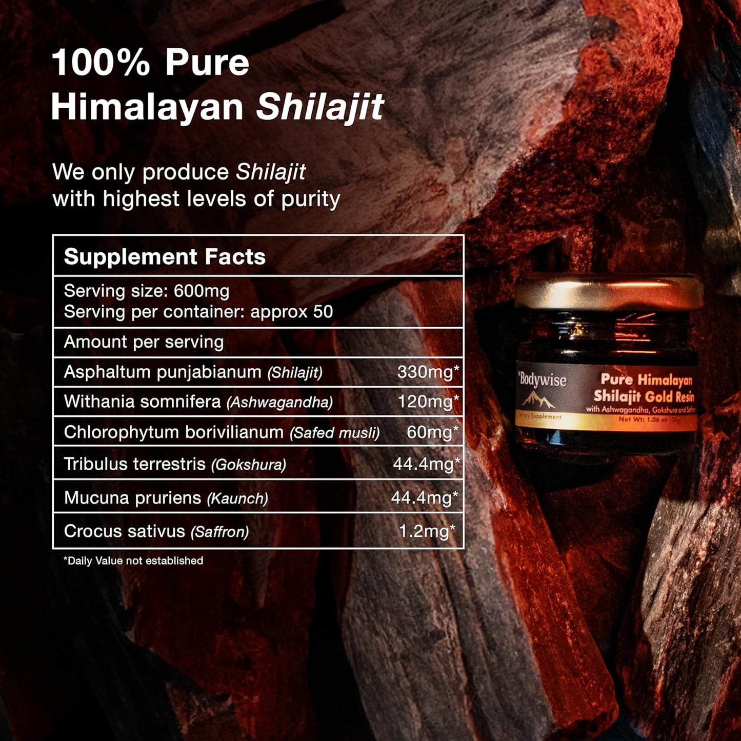 Organic Himalayan Shilajit Resin with Ashwagandha, Gokshura, and Saffron - Lab Tested Fulvic Acid & Trace Minerals - 30gm - Zero Sugar - Men & Women - Bodywise Pure Gold.
