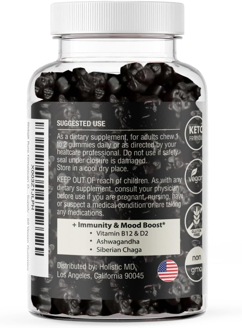 Organic Holistic MD Shilajit Gummies - 50,000mg Resin for Metabolism - Ashwagandha & Chaga - 2 Month Supply - 60 Cherry Gummies