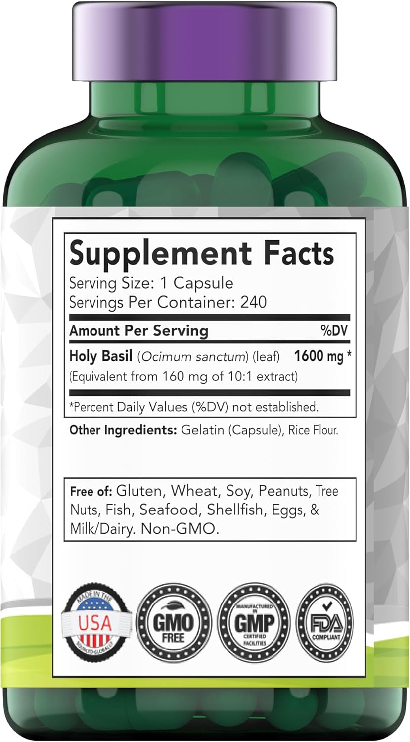 Organic Holy Basil Capsules (1600 MG - 240 Capsules) | 8 Month Supply | Supports Stress Relief & Mental Well-being* | Tulsi Leaf Extract | Adaptogenic & Ayurvedic Herb
