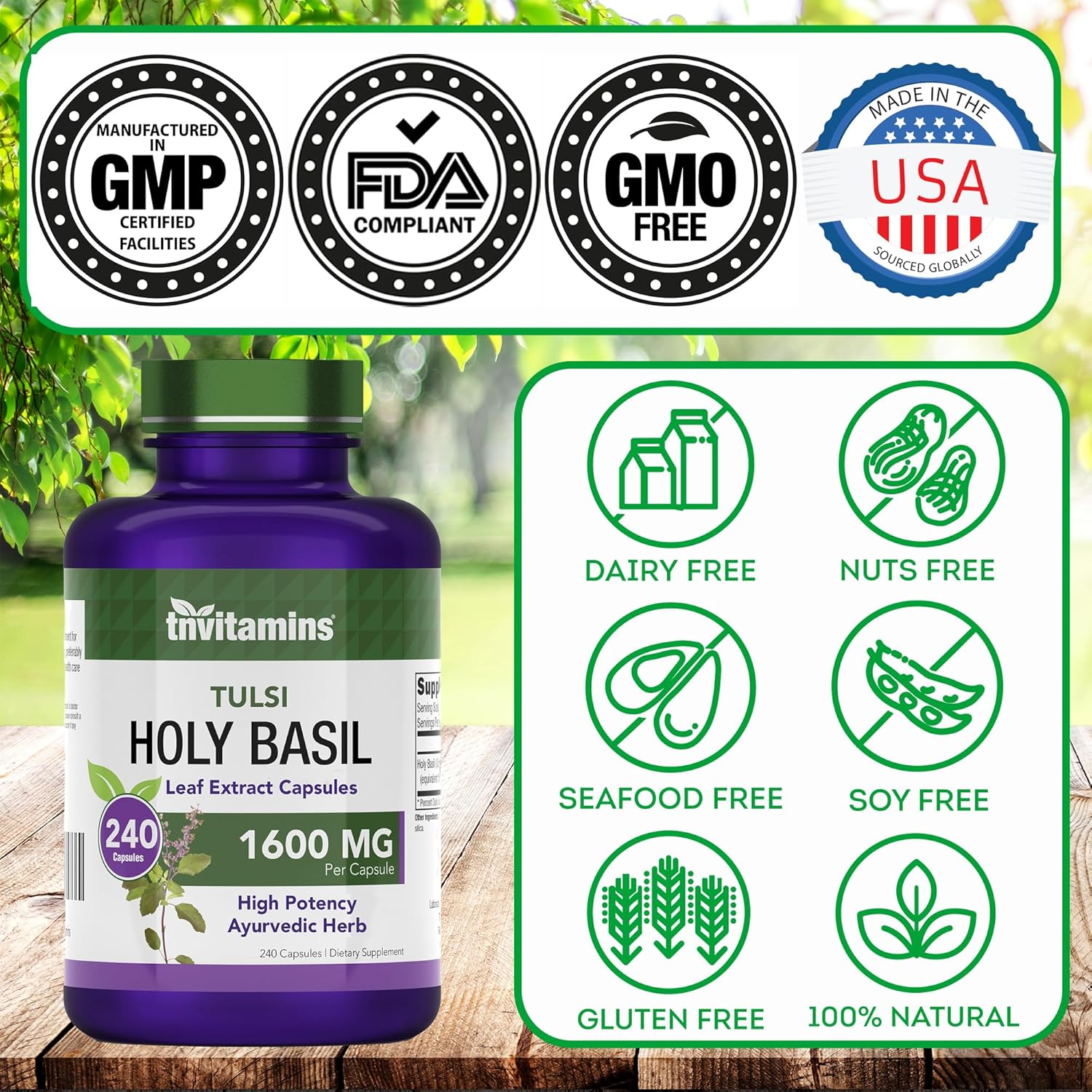 Organic Holy Basil Capsules (1600 MG - 240 Capsules) | 8 Month Supply | Supports Stress Relief & Mental Well-being* | Tulsi Leaf Extract | Adaptogenic & Ayurvedic Herb