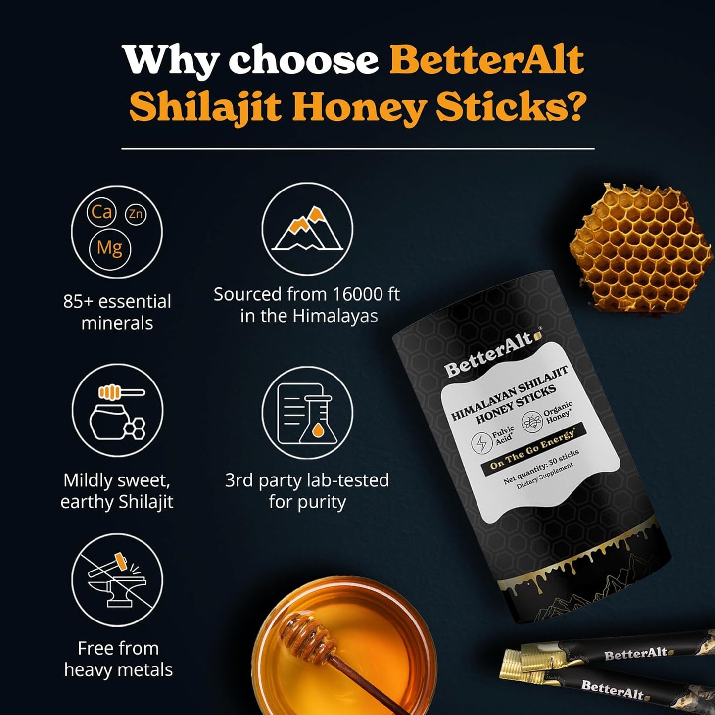 Organic Honey and Saffron Infused Himalayan Shilajit Sticks for Energy and Immune Support (30 Sticks)