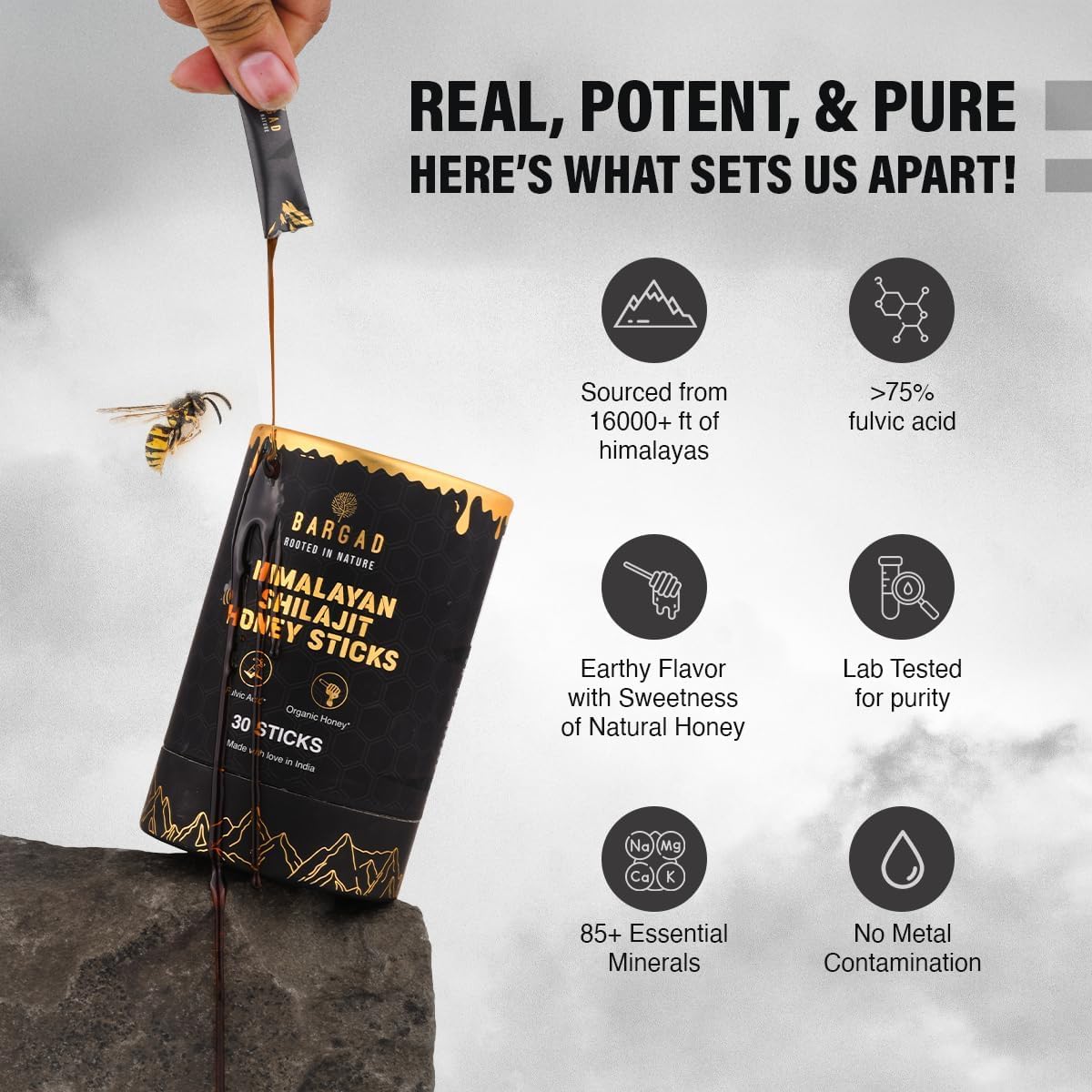 Organic Honey & Saffron Infused Bargad Himalayan Shilajit Sticks (30 Count) | Convenient Single Use | Boosts Energy & Immunity with 85+ Trace Minerals