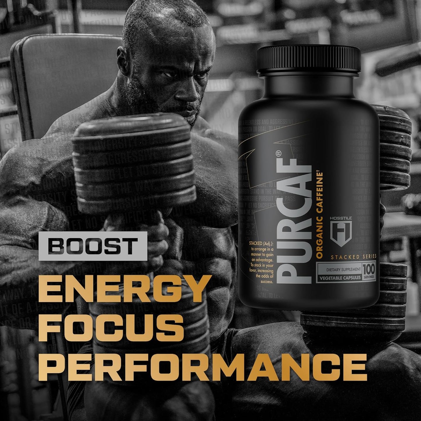 Organic HOSSTILE PurCaf Caffeine Capsules - 200mg Per Serving, Energy Supplement for Focus, No Jitters - 100 Pills