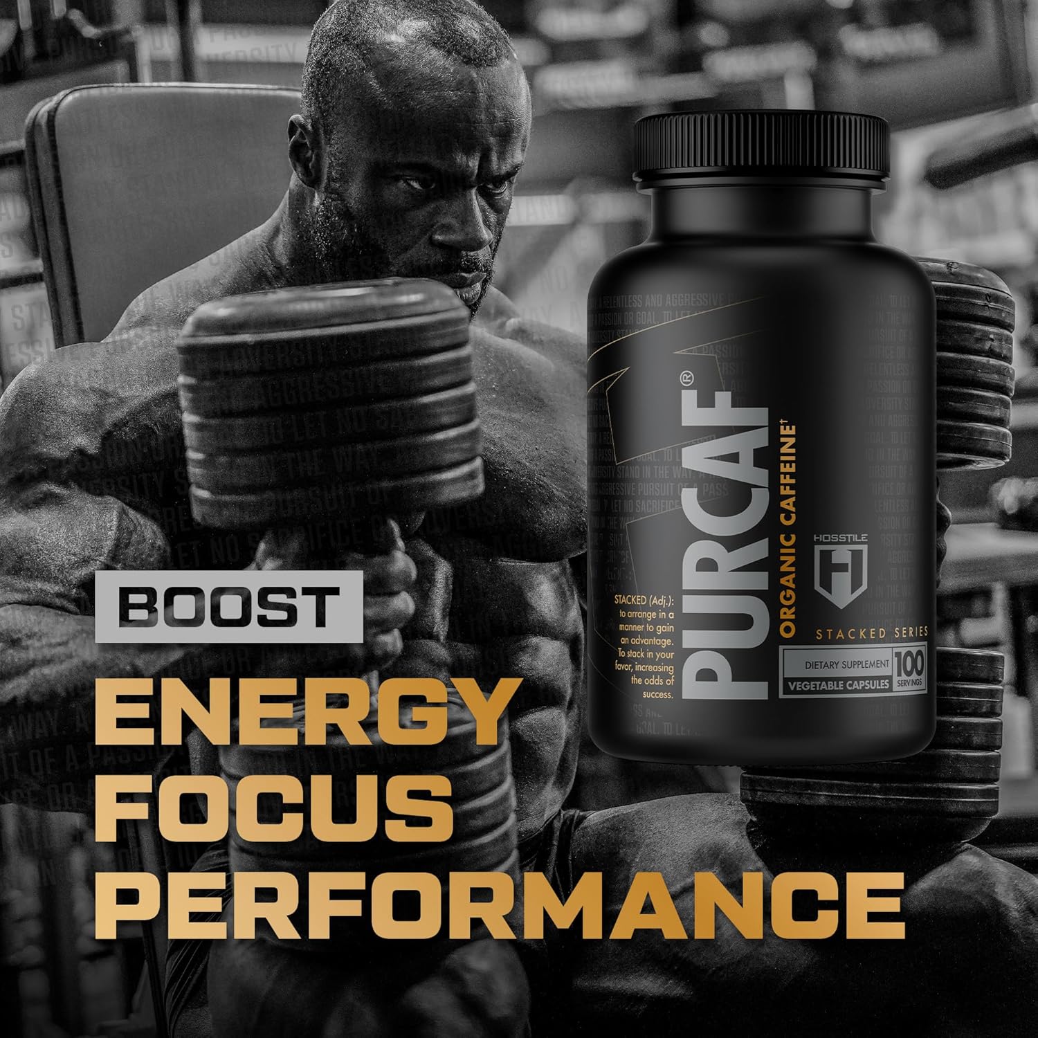 Organic HOSSTILE PurCaf Caffeine Capsules - 200mg Per Serving, Energy Supplement for Focus, No Jitters - 100 Pills