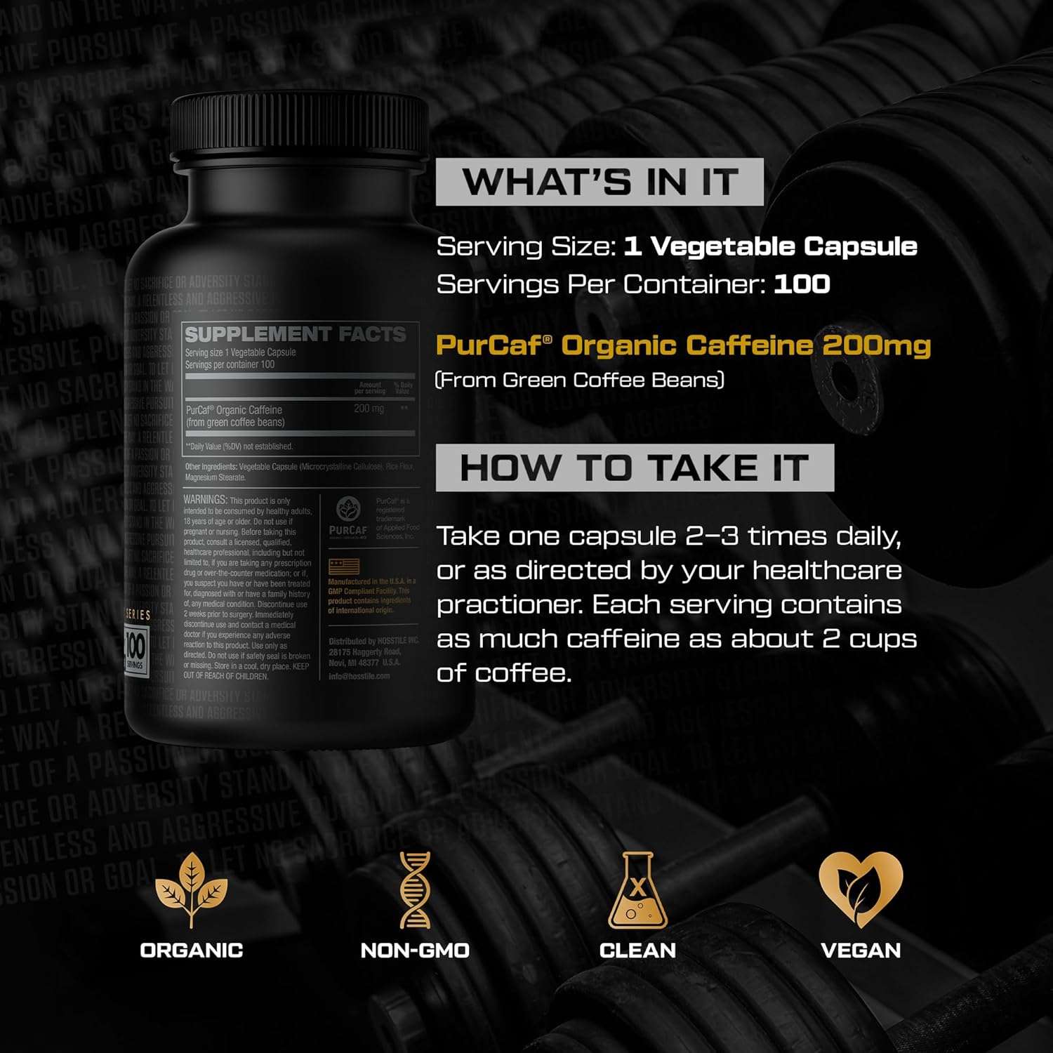 Organic HOSSTILE PurCaf Caffeine Capsules - 200mg Per Serving, Energy Supplement for Focus, No Jitters - 100 Pills