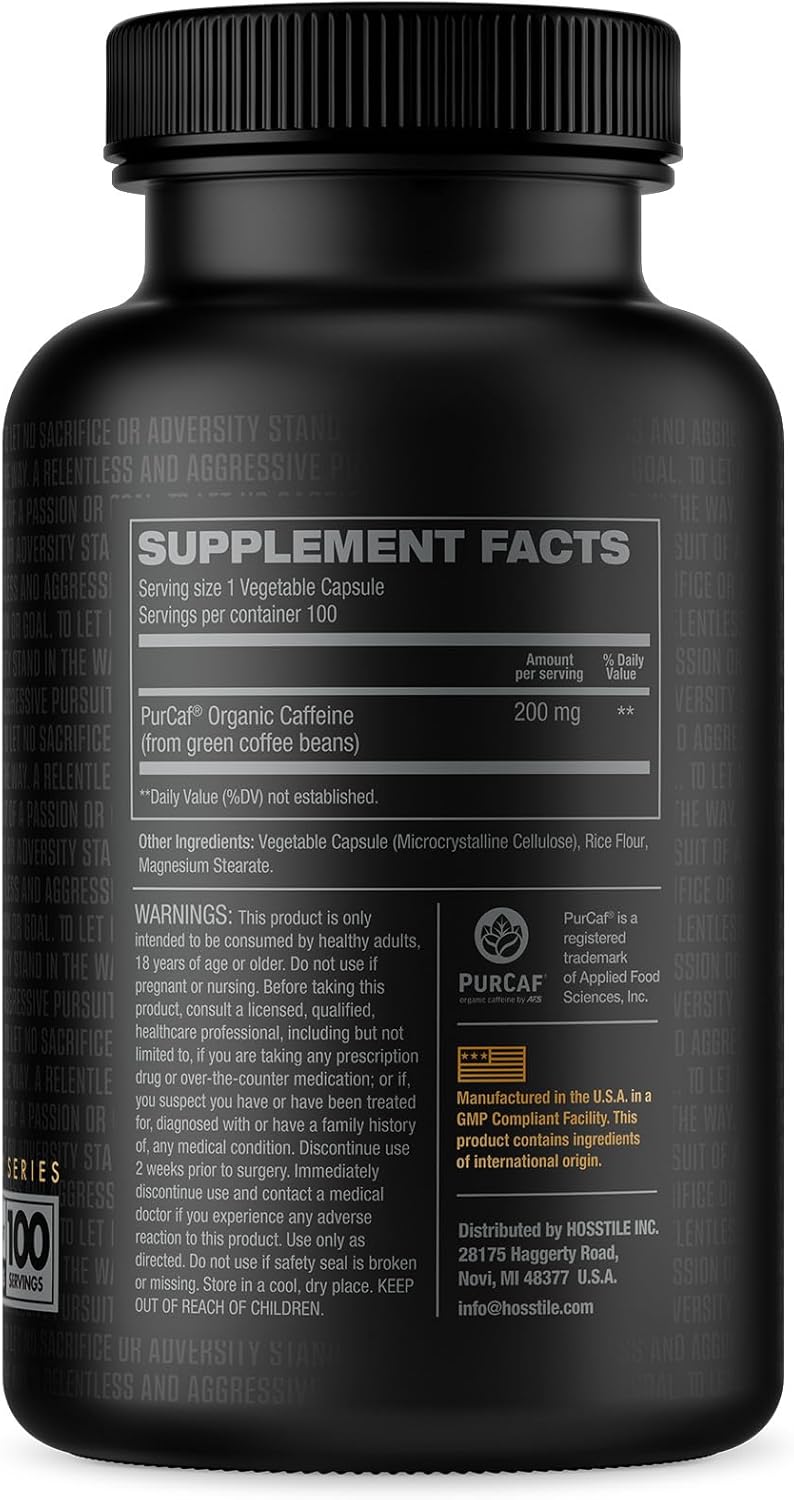 Organic HOSSTILE PurCaf Caffeine Capsules - 200mg Per Serving, Energy Supplement for Focus, No Jitters - 100 Pills