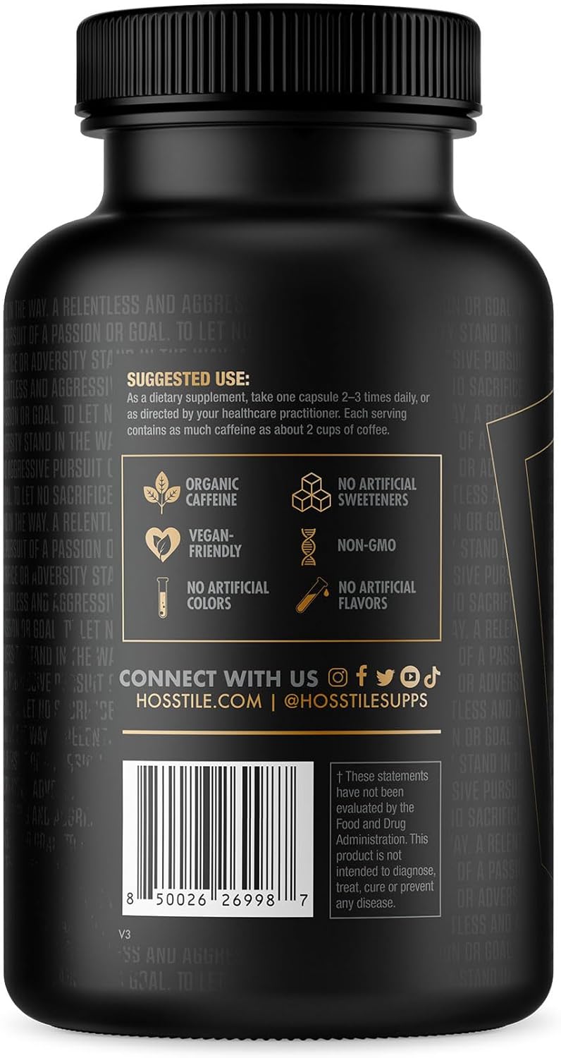 Organic HOSSTILE PurCaf Caffeine Capsules - 200mg Per Serving, Energy Supplement for Focus, No Jitters - 100 Pills