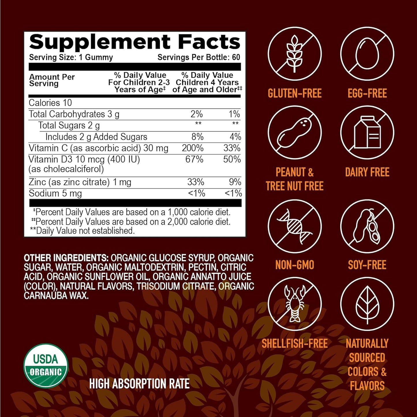 Organic Immune Health Gummies for Kids with Vitamin C, D3, and Zinc - Immune System Boost - Gummy Multivitamin Supplement