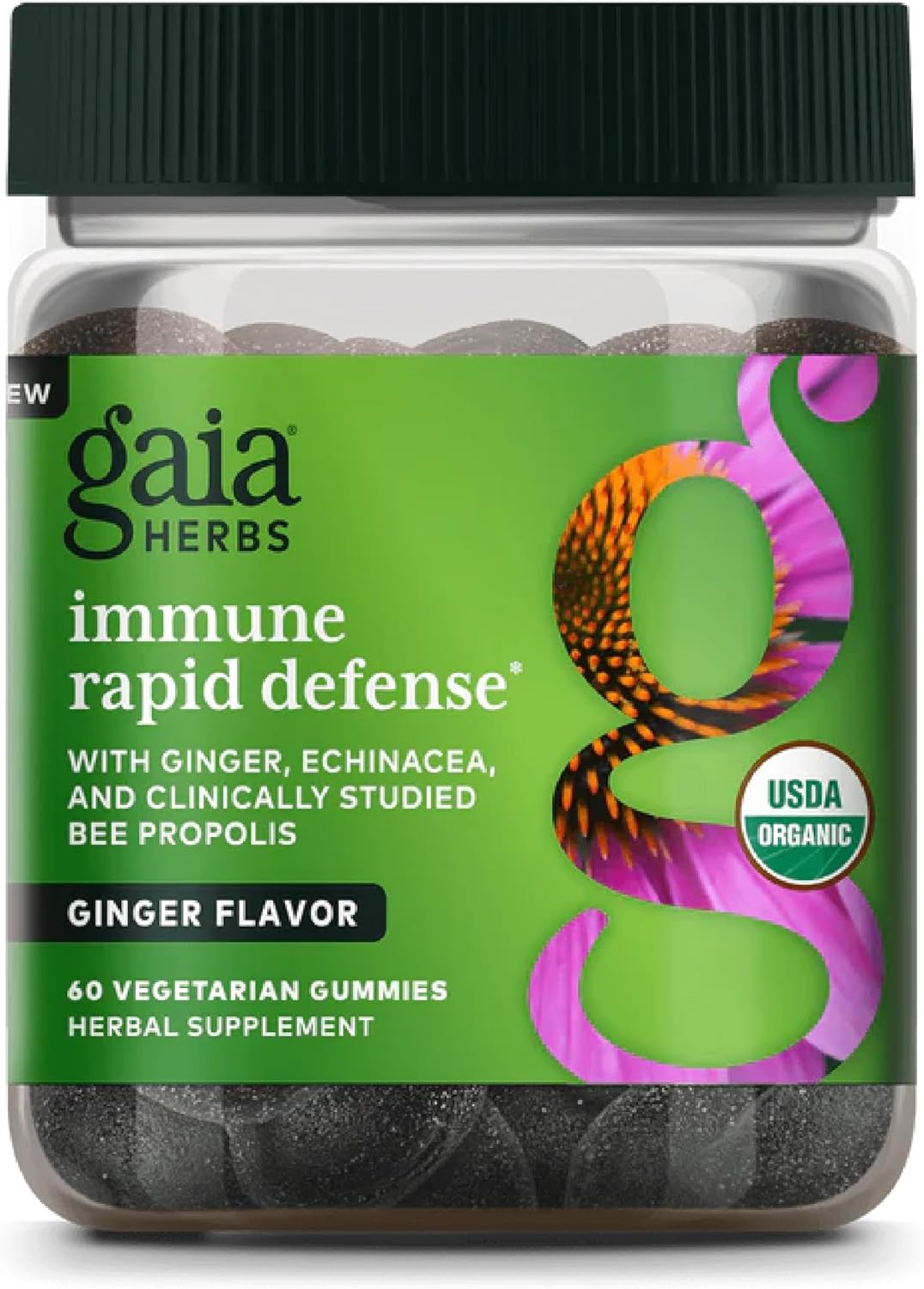 Organic Immune Rapid Defense Gummies with Propolis, Ginger, Echinacea - 60 Vegan Gummies