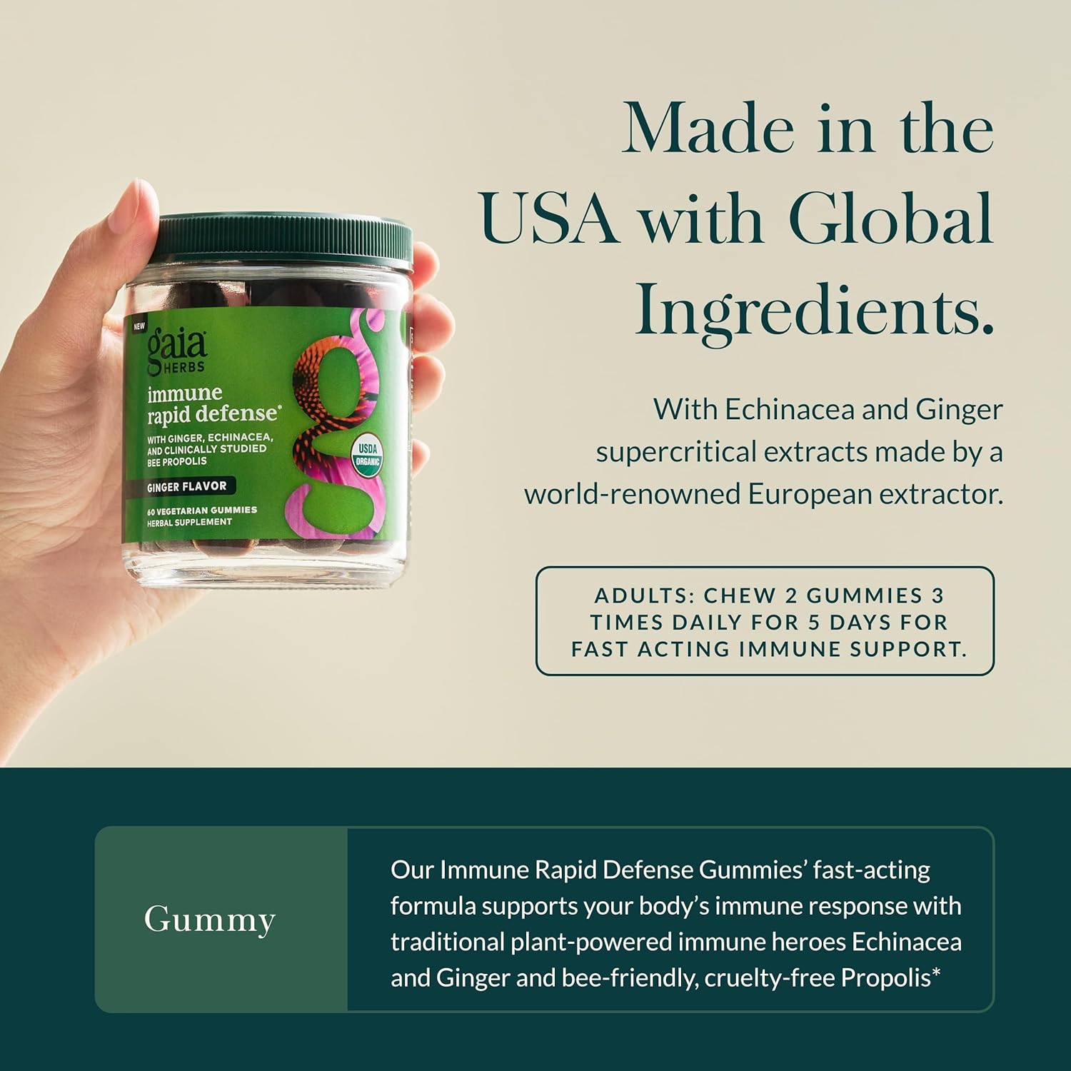 Organic Immune Rapid Defense Gummies with Propolis, Ginger, Echinacea - 60 Vegan Gummies