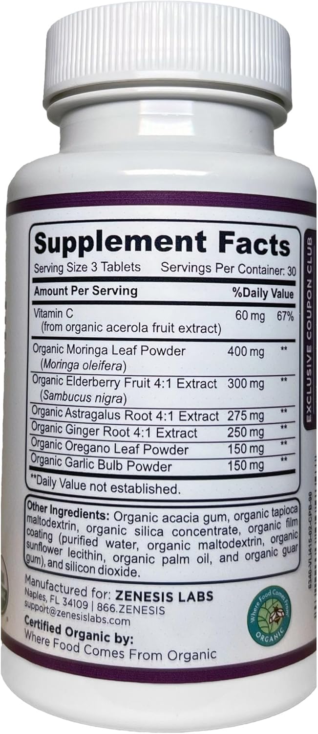Organic Immune Support Supplement with Vitamin C, Moringa, Elderberry, Astragalus, Oregano, Ginger, Garlic - 90 Tablets