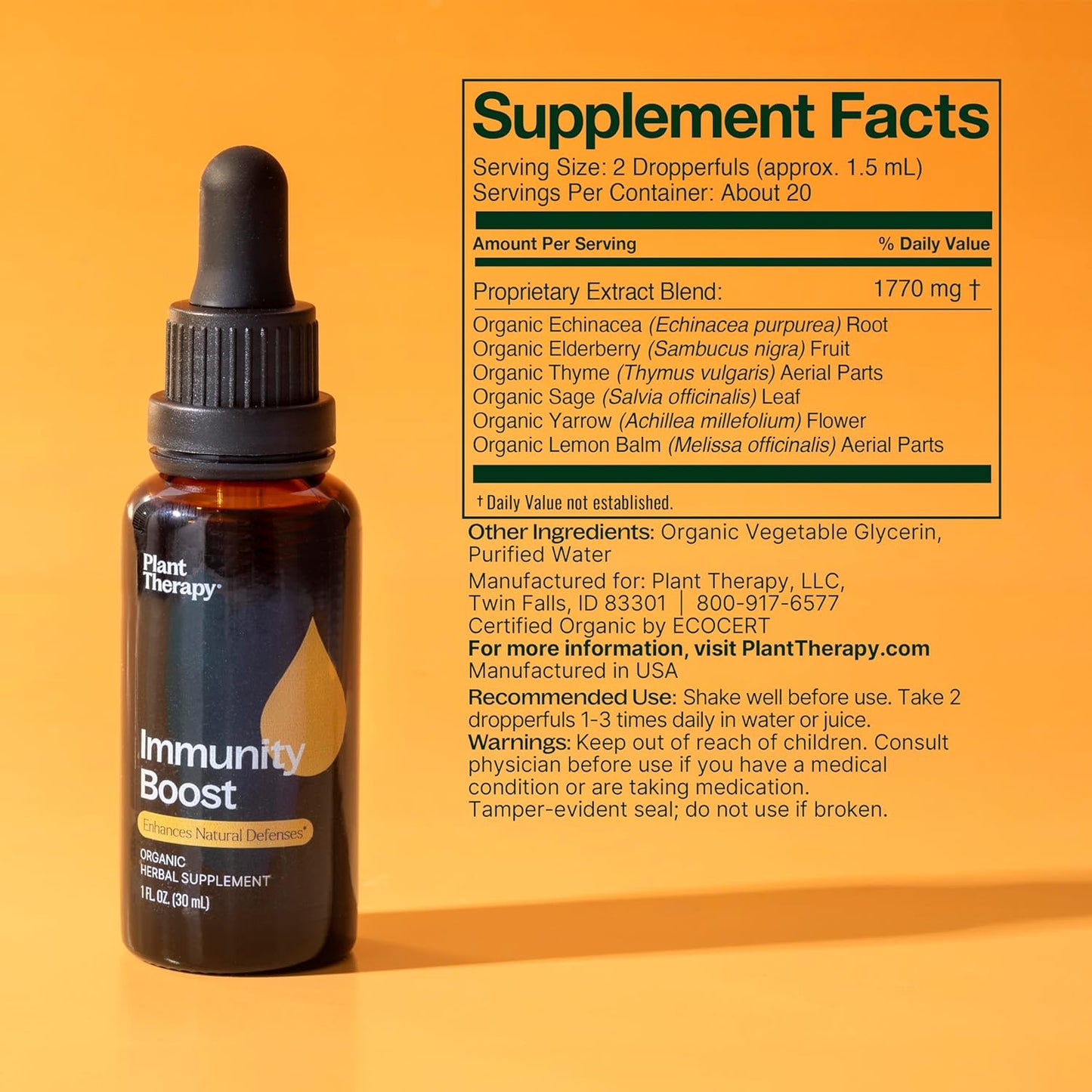 Organic Immunity Boost Tincture with Echinacea, Elderberry & Lemon Balm Extract - 30mL - Supports Healthy Immune System - Natural Defense against Seasonal Threats