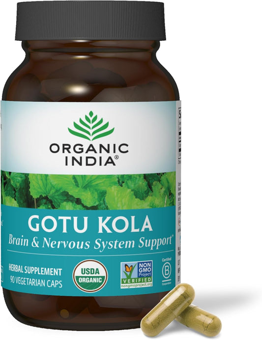 Organic India Gotu Kola Capsules - Herbal Adaptogen for Brain & Nervous System Support - USDA Certified Organic - Vegan & Gluten-Free - 90 Count