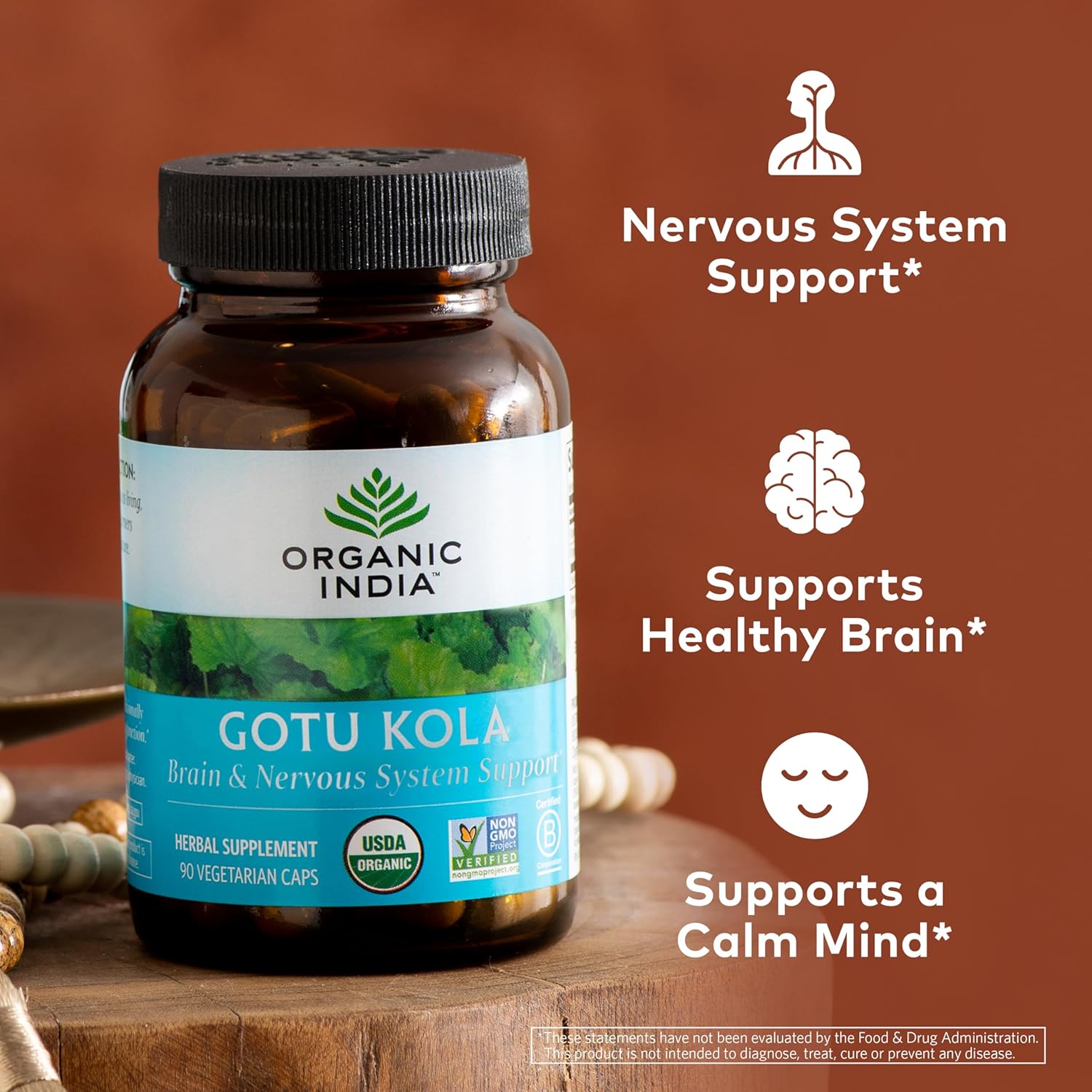 Organic India Gotu Kola Capsules - Herbal Adaptogen for Brain & Nervous System Support - USDA Certified Organic - Vegan & Gluten-Free - 90 Count