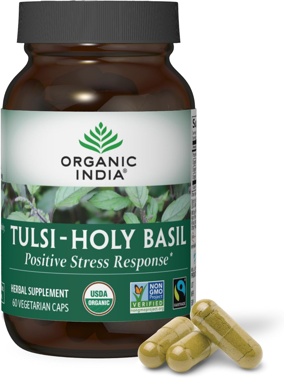 Organic India Tulsi Holy Basil Capsules - Herbal Supplement for Immune Support and Stress Relief - 60 Capsules, Vegan, Gluten-Free, Non-GMO