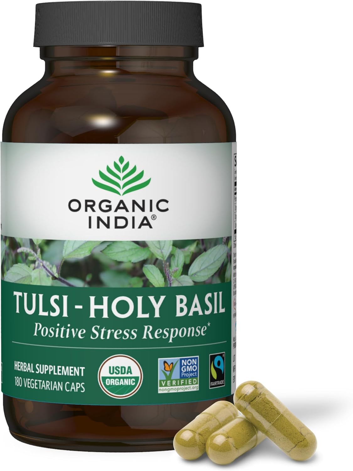 Organic India Tulsi Holy Basil Capsules - Herbal Supplement for Immune Support and Stress Relief - 180 Capsules, Vegan, Gluten-Free, Kosher, Non-GMO